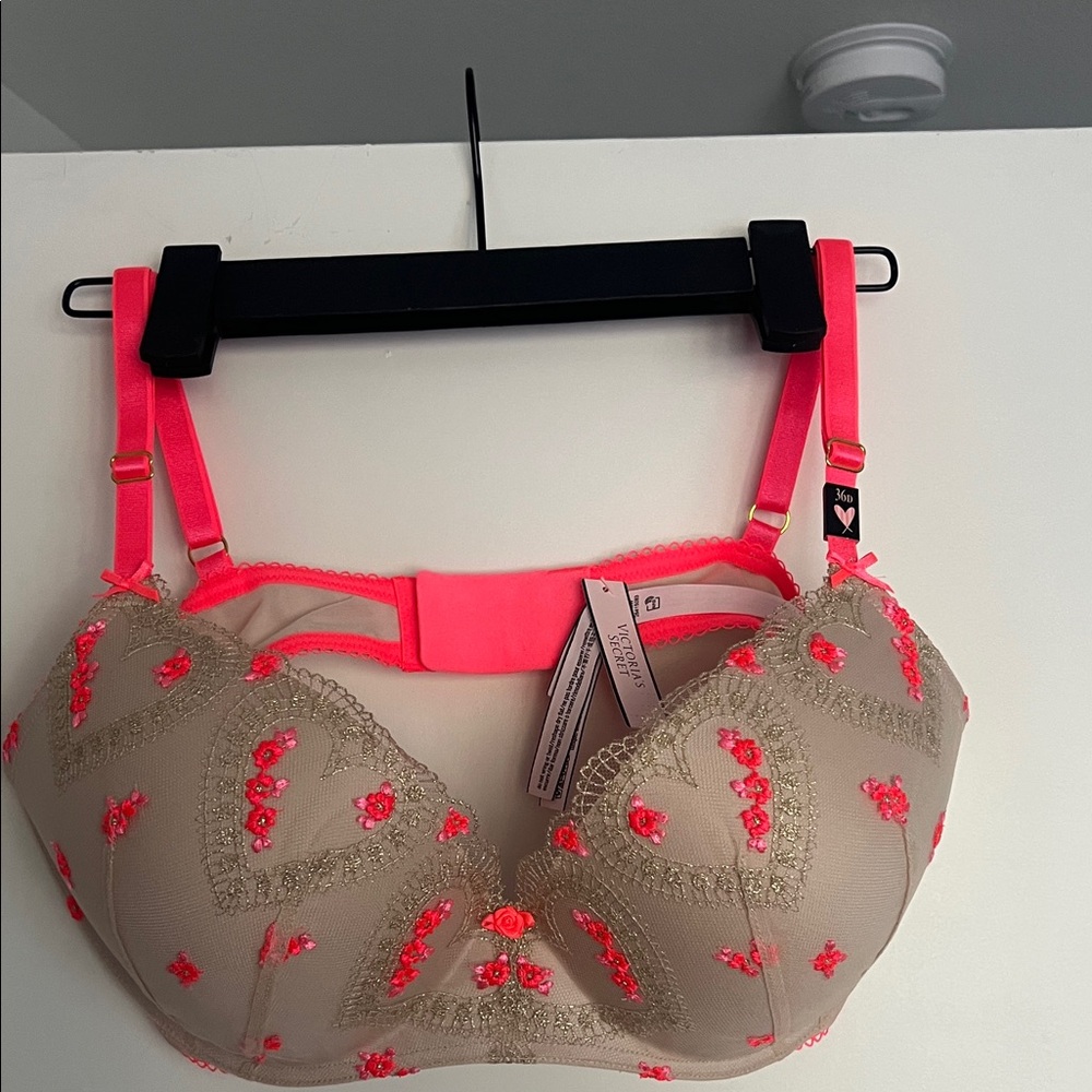 Victoria's Secret Neon Pink and Tan Lace Bra